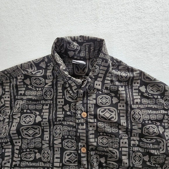 Maui Built Other - Maui Built Mens Medium Black Grey Logo Print Microfiber Button Down Shirt Hawaii